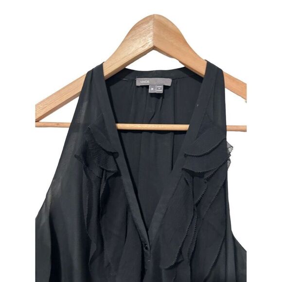 Vince Silk Blend Ruffle V-Neck Handkerchief Hem Button Down Blouse Black Medium - Picture 5 of 12